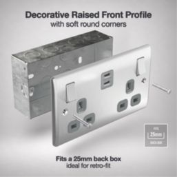 British General Nexus Metal 13A 2-Gang SP Switched Socket + 3.25A 65W 2-Outlet Type C USB Charger Brushed Steel with Grey Inserts