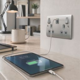 British General Nexus Metal 13A 2-Gang SP Switched Socket + 3.25A 65W 2-Outlet Type C USB Charger Brushed Steel with Grey Inserts