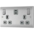 British General Nexus Metal 13A 2-Gang SP Switched Socket + 3.25A 65W 2-Outlet Type C USB Charger Brushed Steel with Grey Inserts