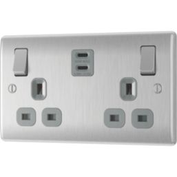 British General Nexus Metal 13A 2-Gang SP Switched Socket + 3.25A 65W 2-Outlet Type C USB Charger Brushed Steel with Grey Inserts