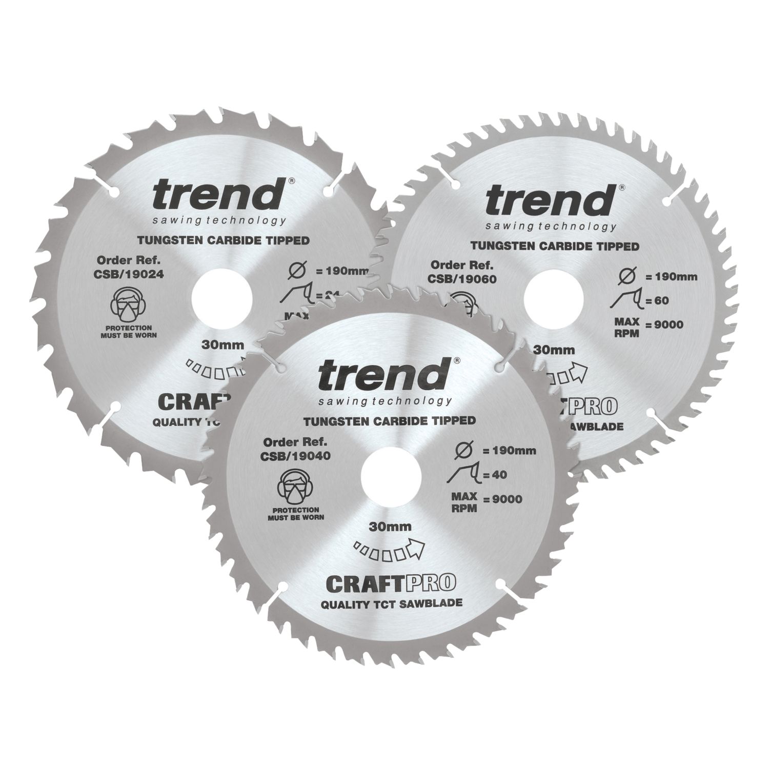 Trend CSB/190/3PK Wood TCT Circular Saw Blades 190mm x 30mm 24/40/60T 3 Pieces (208HT)