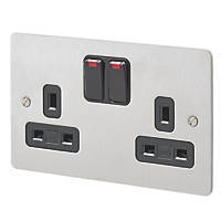 MK Edge 13A 2-Gang DP Switched Plug Socket Brushed Stainless Steel with Neon with Black Inserts