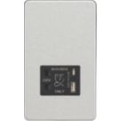 Knightsbridge  2-Gang Single Voltage Shaver Socket+ 2.4A 12W 2-Outlet Type A & C USB Charger 230V Brushed Chrome with Black Inserts