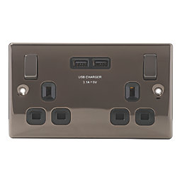 British General Nexus Metal 13A 2-Gang SP Switched Socket + 3.1A 2-Outlet Type A USB Charger Black Nickel with Black Inserts