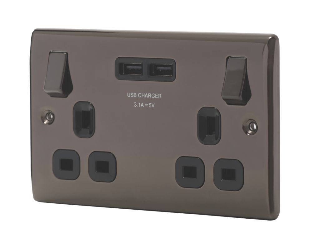 British General Nexus Metal 13A 2-Gang SP Switched Socket + 3.1A 15.5W 2-Outlet Type A USB Charger Black Nickel with Black Inserts