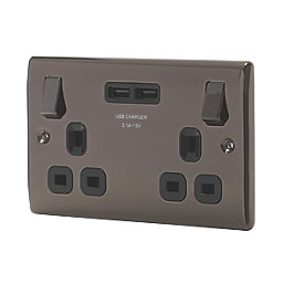 British General Nexus Metal 13A 2-Gang SP Switched Socket + 3.1A 2-Outlet Type A USB Charger Black Nickel with Black Inserts