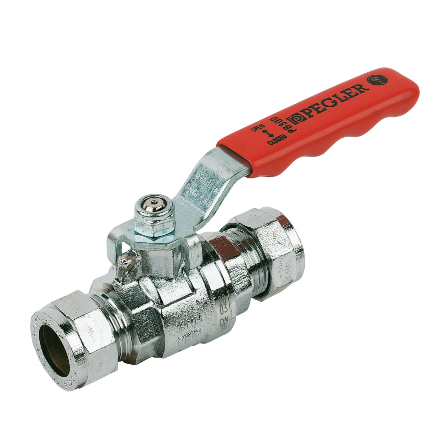 Pegler PB300 Compression Full Bore 15mm Ball Valve with Red Handle (21289)