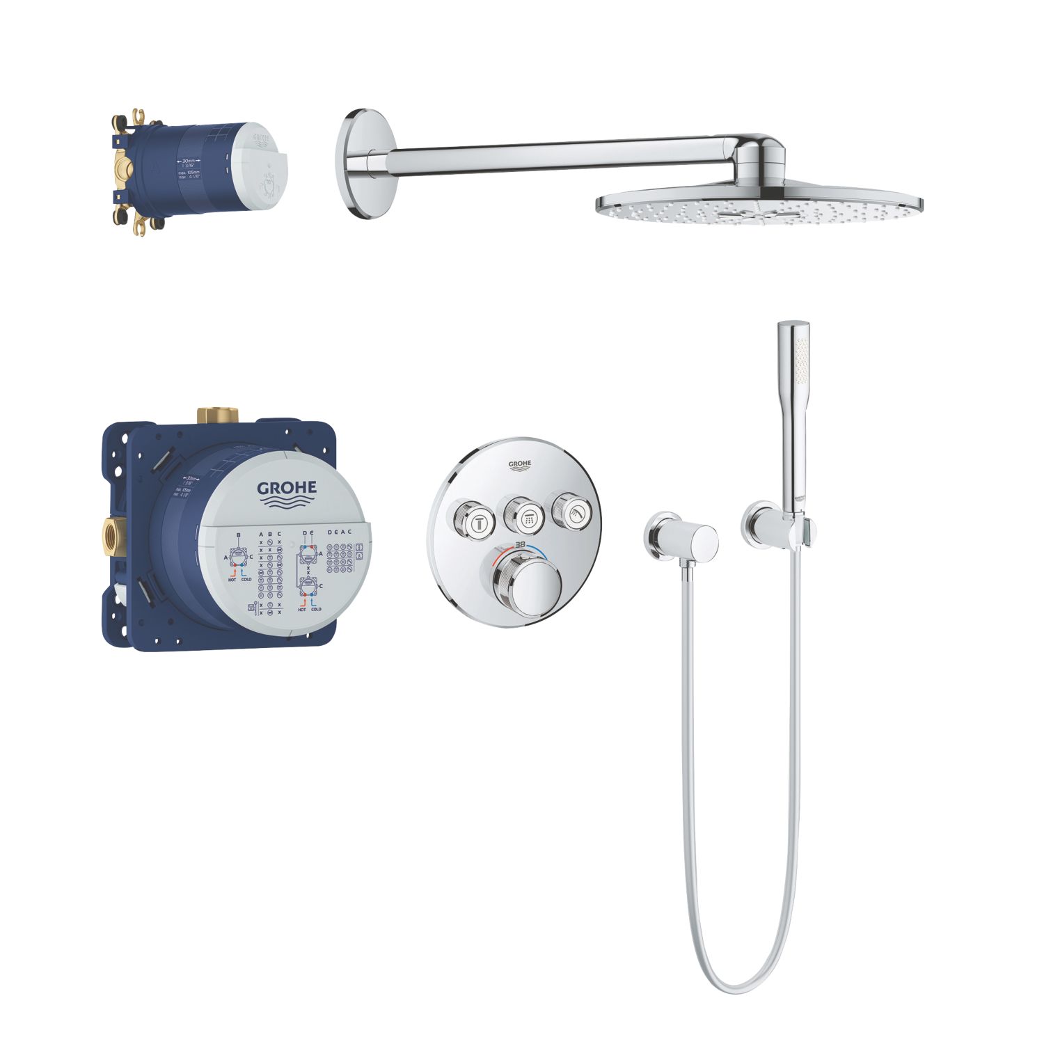 Grohe Grohtherm SmartControl 3 Button Round with Rainshower SmartActive 310 Rear-Fed Concealed Chrome Thermostatic Shower Set (213XT)