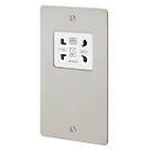 MK Edge 2-Gang Dual Voltage Shaver Socket 115 / 230V Brushed Stainless Steel with White Inserts