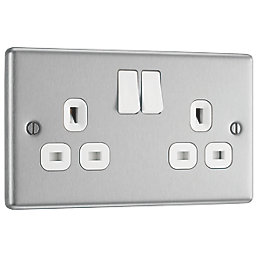 LAP  13A 2-Gang SP Switched Plug Socket Brushed Stainless Steel  with White Inserts