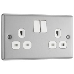 LAP  13A 2-Gang SP Switched Plug Socket Brushed Stainless Steel  with White Inserts