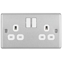 LAP  13A 2-Gang SP Switched Plug Socket Brushed Stainless Steel  with White Inserts