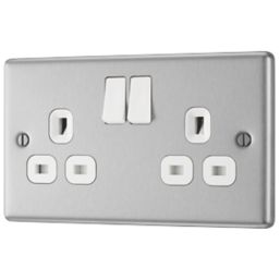 LAP  13A 2-Gang SP Switched Plug Socket Brushed Stainless Steel  with White Inserts