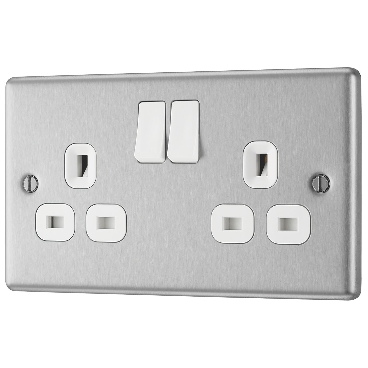 LAP 13A 2-Gang SP Switched Plug Socket Brushed Stainless Steel with White Inserts (2162C)