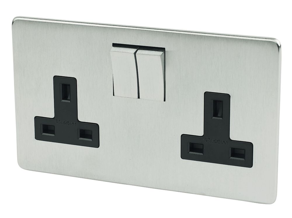 Crabtree Platinum 13A 2-Gang DP Switched Plug Socket Satin Chrome  with Black Inserts