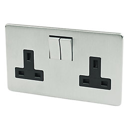 Crabtree Platinum 13A 2-Gang DP Switched Plug Socket Satin Chrome  with Black Inserts