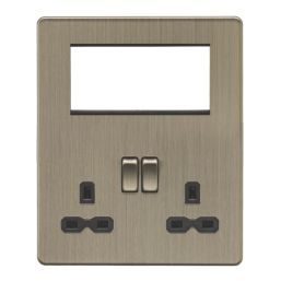 Knightsbridge  13A 2-Gang DP Multimedia Plate Antique Brass with Black Inserts