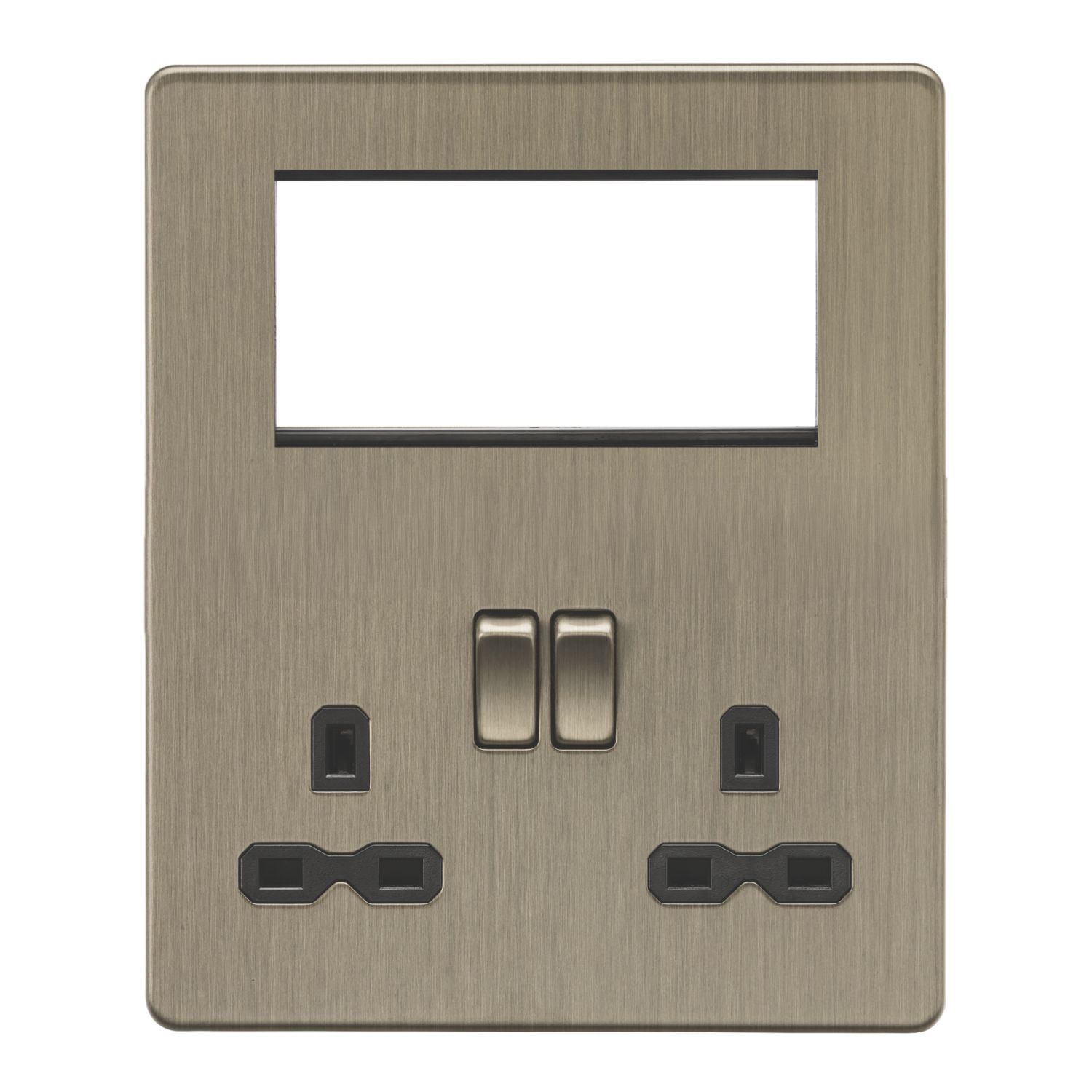 Knightsbridge 13A 2-Gang DP Multimedia Plate Antique Brass with Black Inserts (216AM)