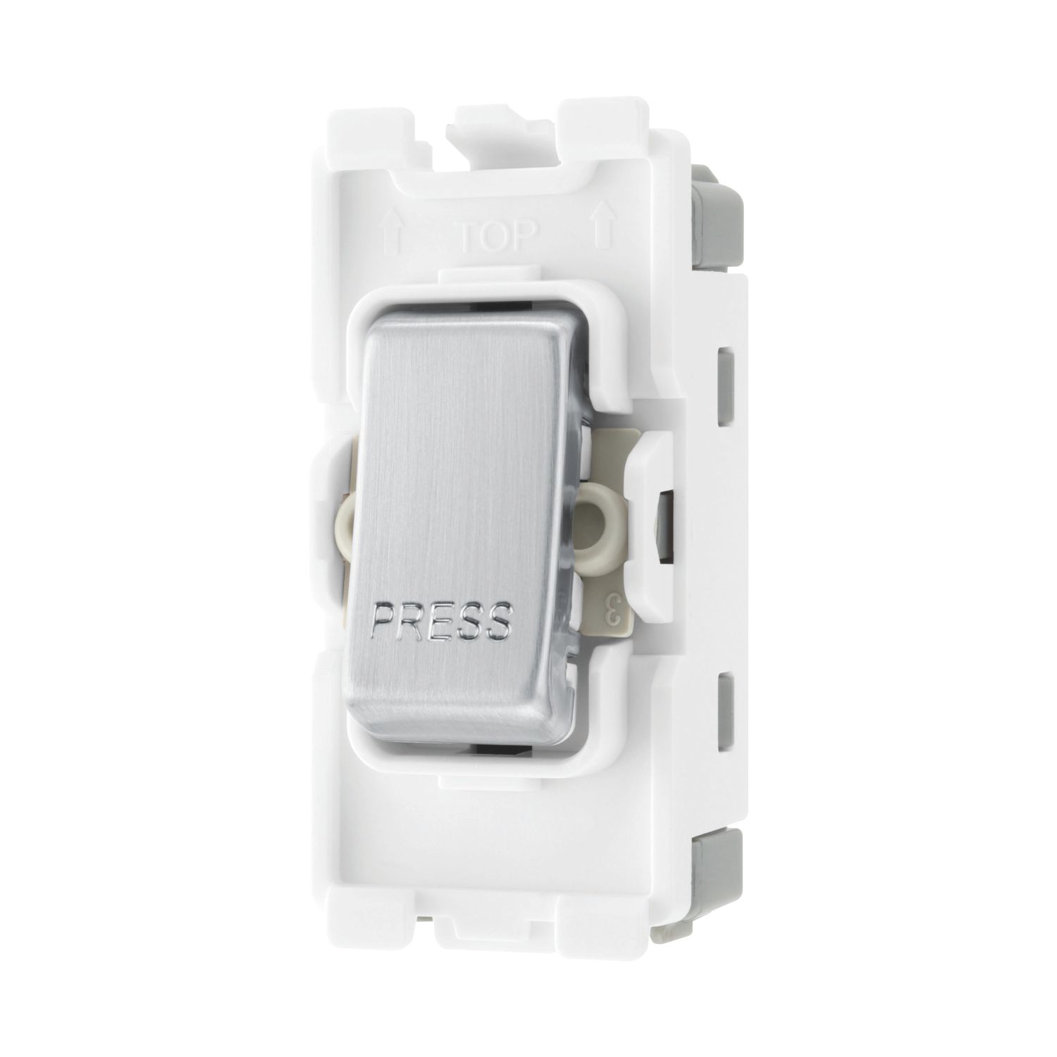 British General Nexus Metal Grid 20A 2-Way Grid Retractive Switch Module 'Press' Off Centre Brushed Steel (216RF)