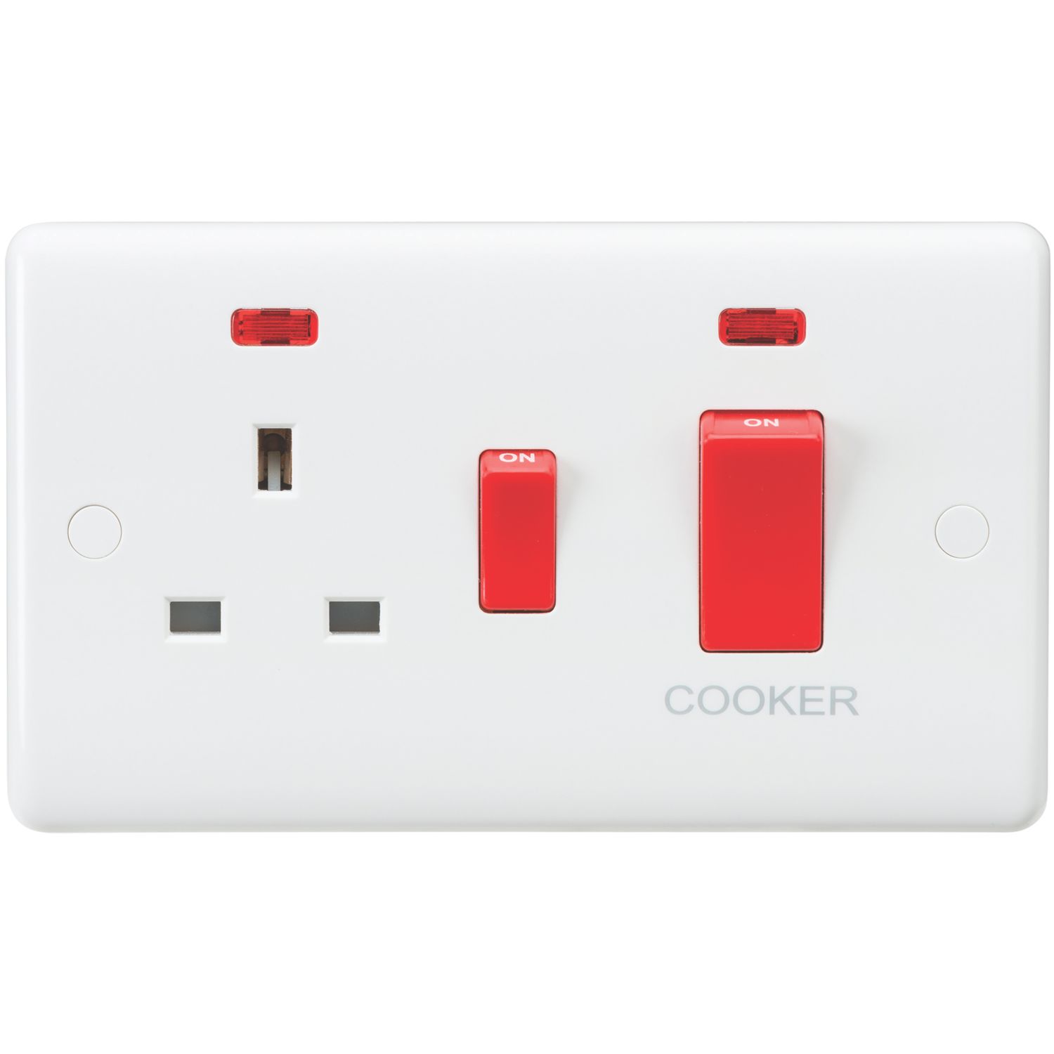 Knightsbridge Curved Edge 45A 2-Gang DP Cooker Switch & 13A DP Switched Socket White with Neon (217YA)
