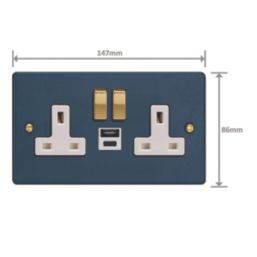 Varilight  13A 2-Gang 1P+N Switched Socket + 4A 20W 2-Outlet Type A & C USB Charger Midnight Blue with White Inserts