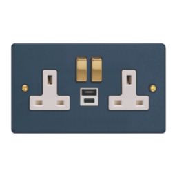 Varilight  13A 2-Gang 1P+N Switched Socket + 4A 20W 2-Outlet Type A & C USB Charger Midnight Blue with White Inserts