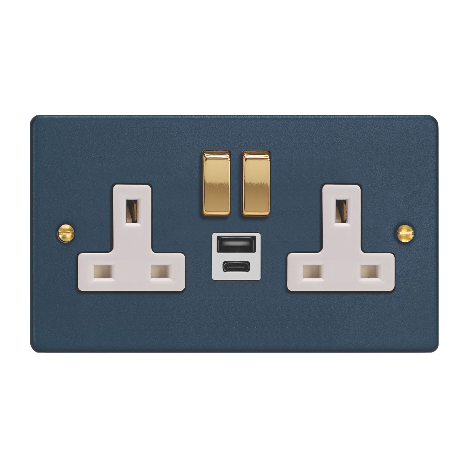 Varilight 13A 2-Gang 1P+N Switched Socket + 4A 20W 2-Outlet Type A & C USB Charger Midnight Blue with White Inserts (218YT)