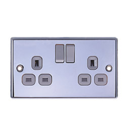 LAP  13A 2-Gang SP Switched Plug Socket Polished Chrome  with White Inserts