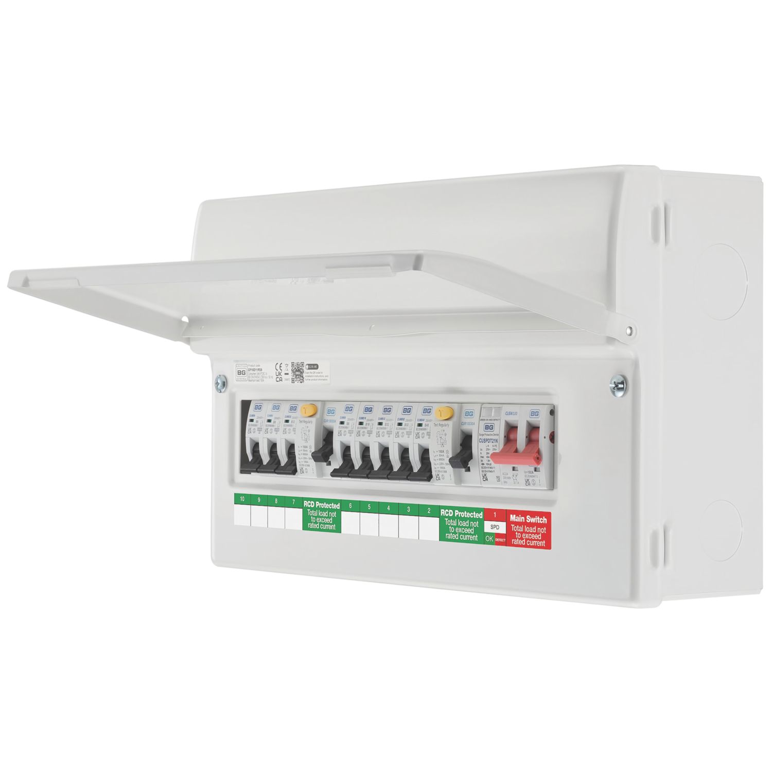 British General Circuit Protection 9-Module 8-Way Part-Populated High Integrity Main Switch Consumer Unit with SPD (219CY)