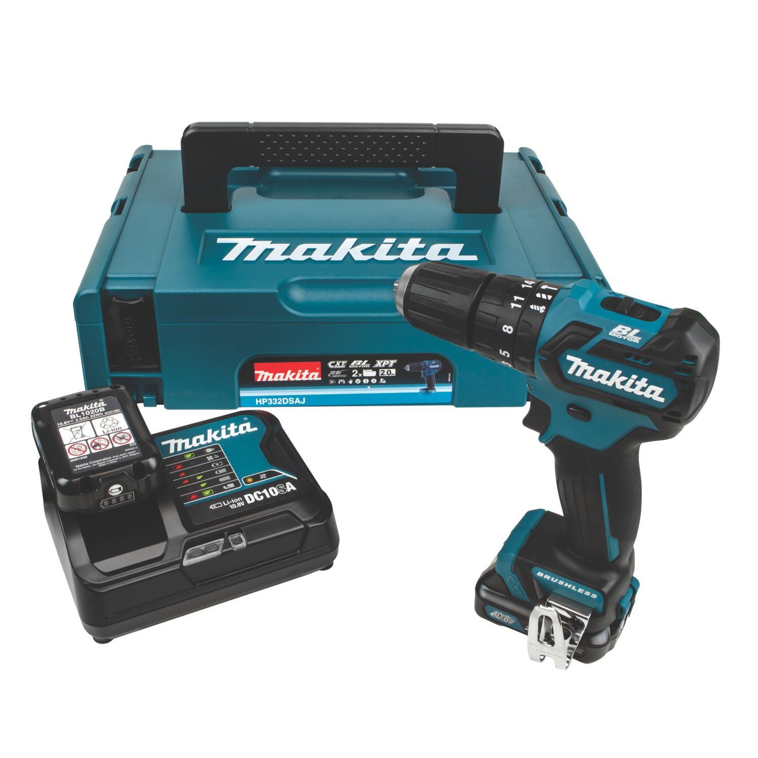 Makita HP332DSAJ 12V 2 x 2.0Ah Li-Ion CXT Brushless Cordless Combi Drill (219FG)
