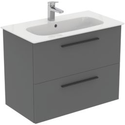 Ideal Standard i.life A Wall-Hung Vanity Unit with Black Handles & Basin Matt Quartz Grey 800mm x 440mm x 630mm