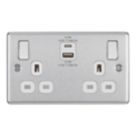 Refurb LAP  13A 2-Gang SP Switched Socket + 3A 22W 2-Outlet Type A & C USB Charger Brushed Steel with White Inserts