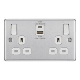 Refurb LAP  13A 2-Gang SP Switched Socket + 3A 22W 2-Outlet Type A & C USB Charger Brushed Steel with White Inserts