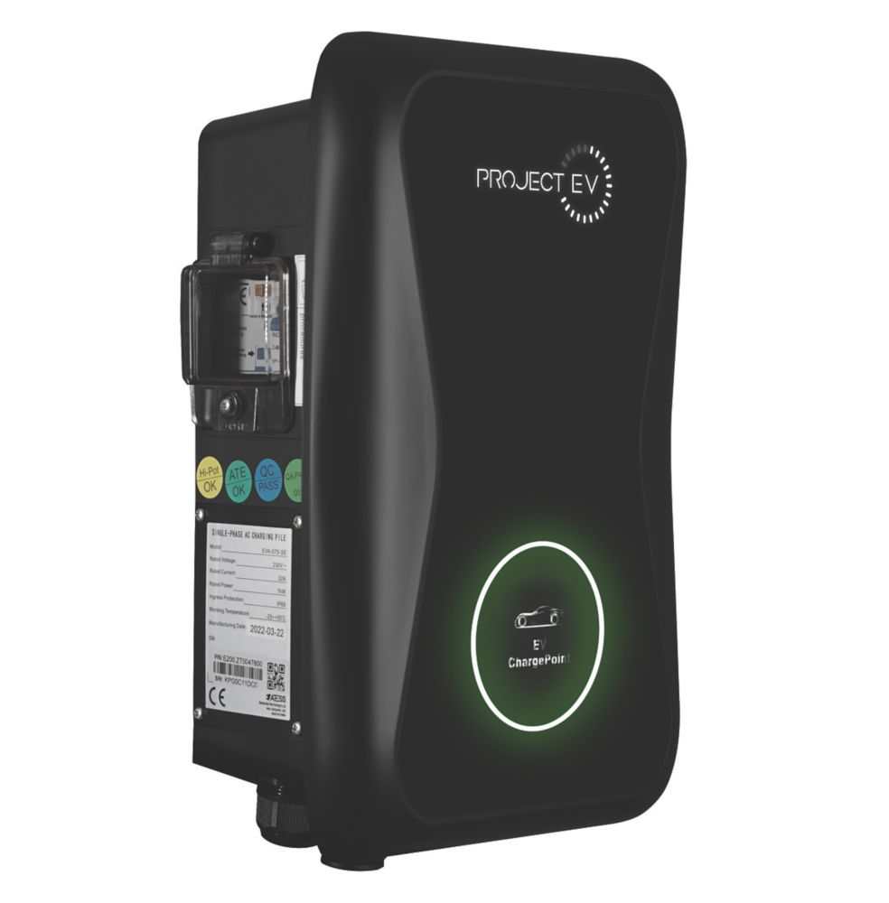 Project EV Pro Earth 1 Port 7.3kW Mode 3 Type 2 Socket Electric Vehicle Charger Black White Screwfix