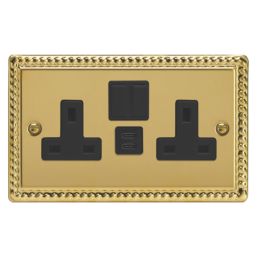 Varilight  13A 2-Gang SP Switched Socket + 3A 45W 2-Outlet Type C USB Charger Georgian Brass with Black Inserts