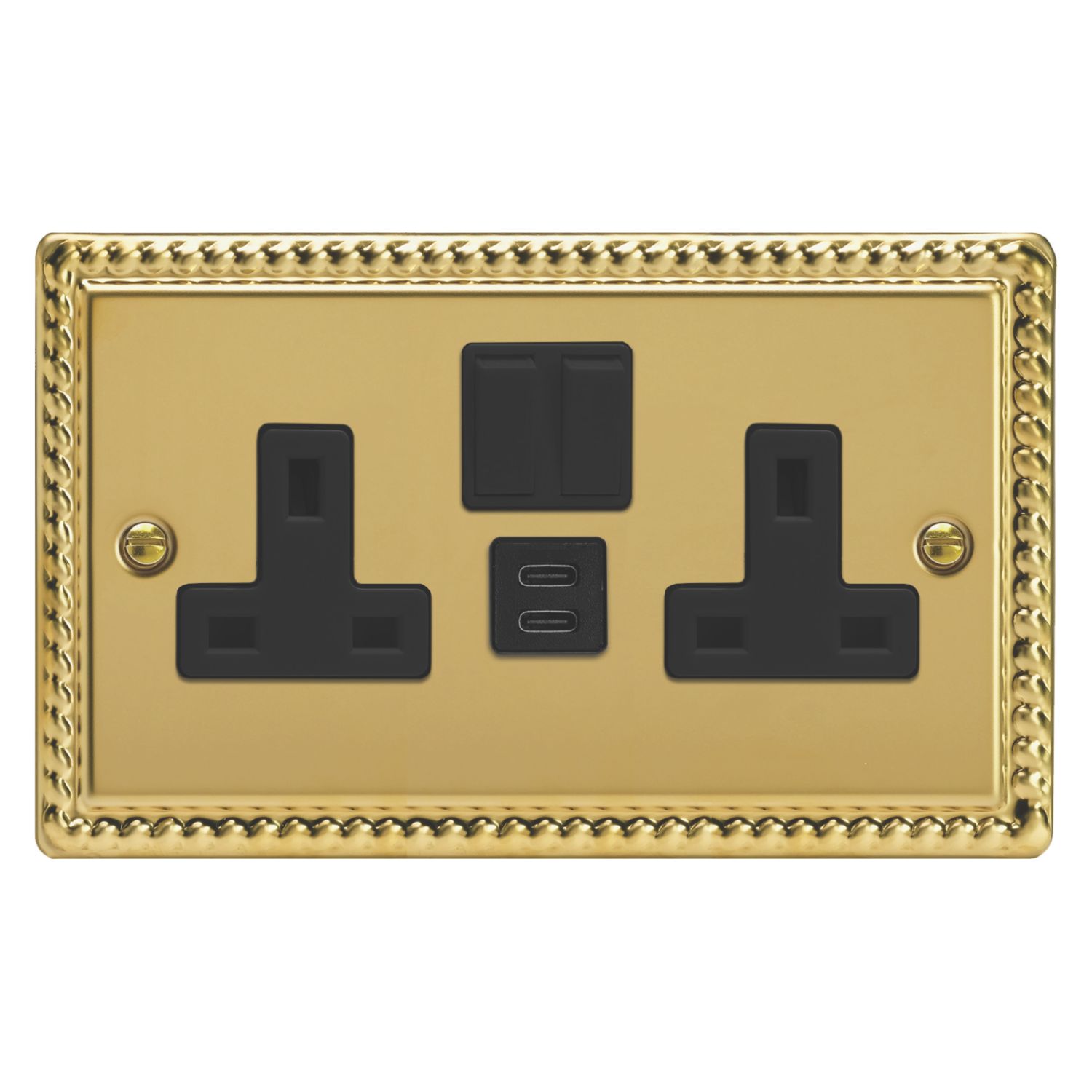 Varilight 13A 2-Gang SP Switched Socket + 3A 45W 2-Outlet Type C USB Charger Georgian Brass with Black Inserts (223EC)