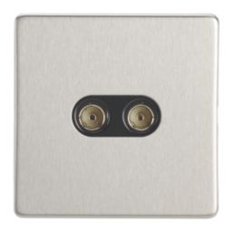 Contactum Lyric 2-Gang Female Coaxial TV Socket Brushed Steel with Black Inserts