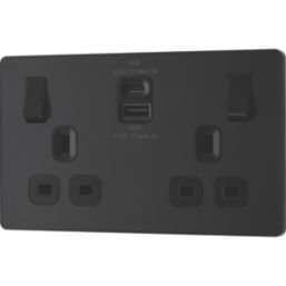 British General Evolve 13A 2-Gang SP Switched Socket + 3A 45W 2-Outlet Type A & C USB Charger Matt Black with Black Inserts