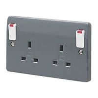 MK Logic Plus 13A 2-Gang DP Switched Plug Socket Grey with Neon with White Inserts