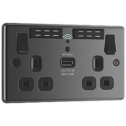 LAP  13A 2-Gang SP Switched Wi-Fi Extender Socket + 2.1A 1-Outlet Type A USB Charger Black Nickel with Black Inserts