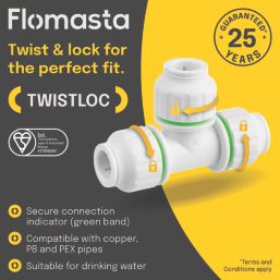 Flomasta Twistloc Plastic Push-Fit Equal Tee 22mm 5 Pack
