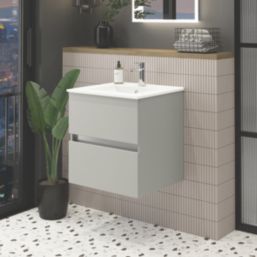 Newland  Double Drawer Wall-Mounted Vanity Unit with Basin Matt Pearl Grey 600mm x 450mm x 540mm