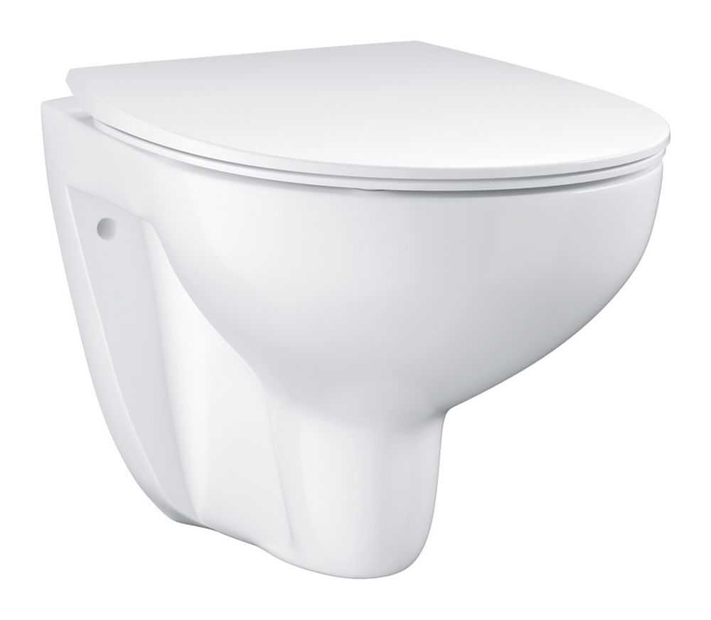 White Round Rimless Wall Hung Pan & Soft Close Seat Toilet & Flush Plate Set-Black Chrome