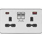 Knightsbridge  13A 2-Gang DP Switched Socket + 4.0A 2-Outlet Type A & C USB Charger Brushed Chrome with Black Inserts