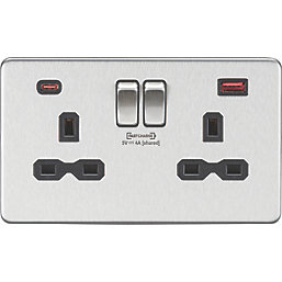 Knightsbridge  13A 2-Gang DP Switched Socket + 4.0A 18W 2-Outlet Type A & C USB Charger Brushed Chrome with Black Inserts