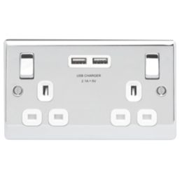 British General Nexus Metal 13A 2-Gang SP Switched Socket + 3.1A 15.5W 2-Outlet Type A USB Charger Polished Chrome with White Inserts