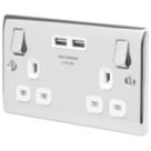British General Nexus Metal 13A 2-Gang SP Switched Socket + 3.1A 15.5W 2-Outlet Type A USB Charger Polished Chrome with White Inserts