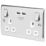 British General Nexus Metal 13A 2-Gang SP Switched Socket + 3.1A 15.5W 2-Outlet Type A USB Charger Polished Chrome with White Inserts