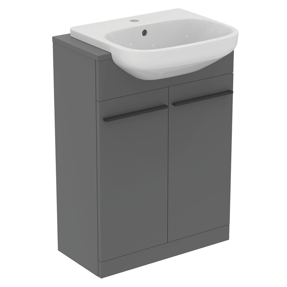 Ideal Standard i.life A Semi-Countertop Floorstanding Basin Unit With Black Handles & Basin Matt Grey 600mm x 300mm x 835mm