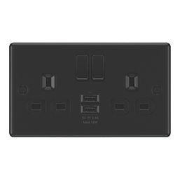 LAP  13A 2-Gang SP Switched Socket + 2.4A 12W 2-Outlet Type A USB Charger Matt Black with Black Inserts